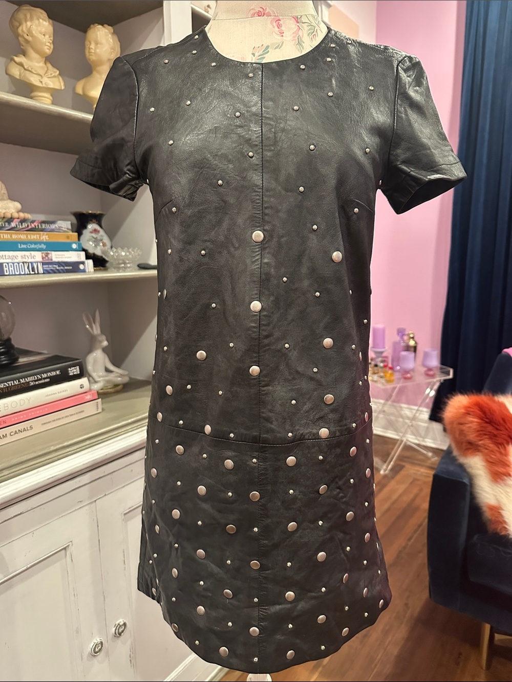 French Connection Black Studded Short-Sleeve Leather Shift